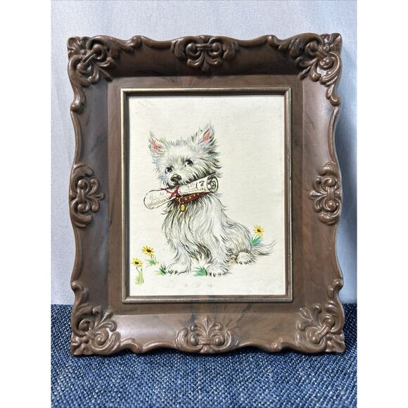 Vintage Plastic Framed Dog Print West Highland White Terrier 7” x 6” - Picture 4 of 7